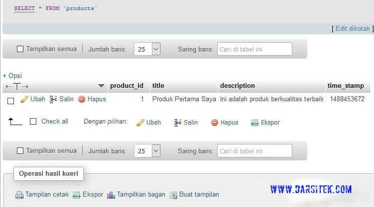 hasil input tabel products di phpmyadmin