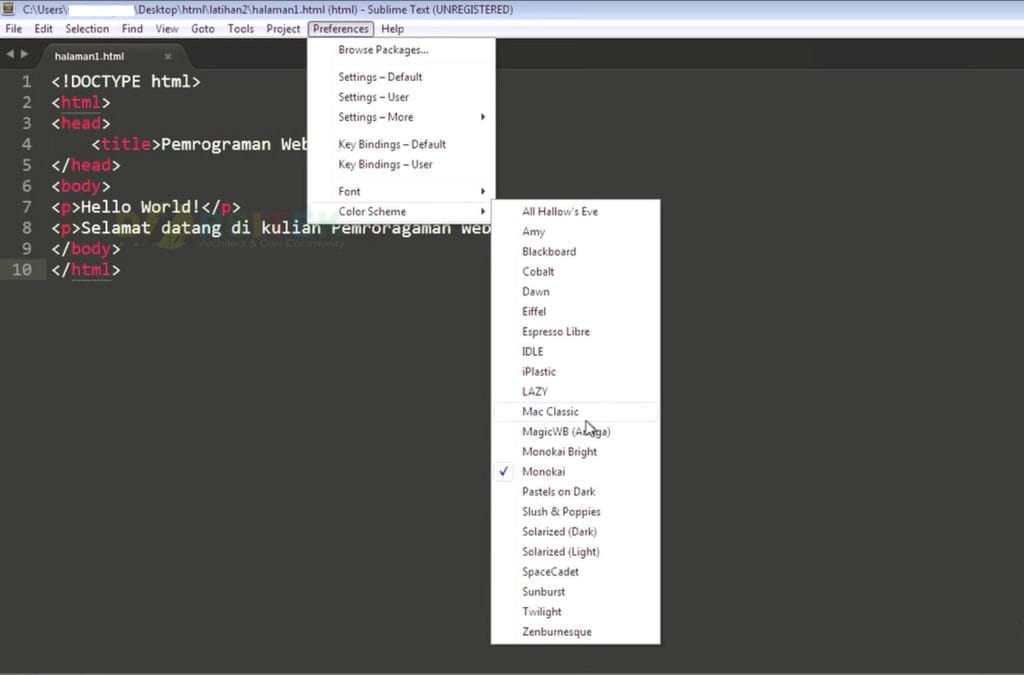 pilihan skema warna yang disajikan sublime text