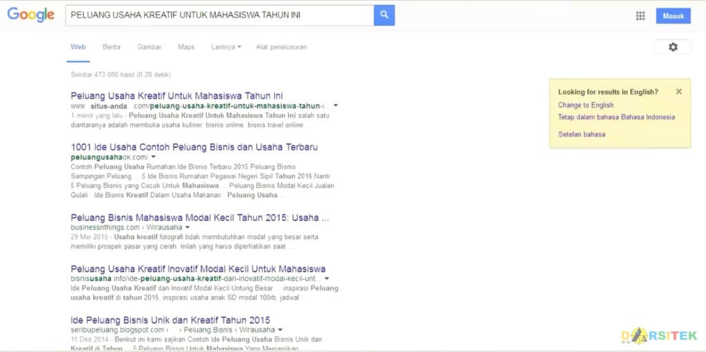 result pencarian kata kunci di google