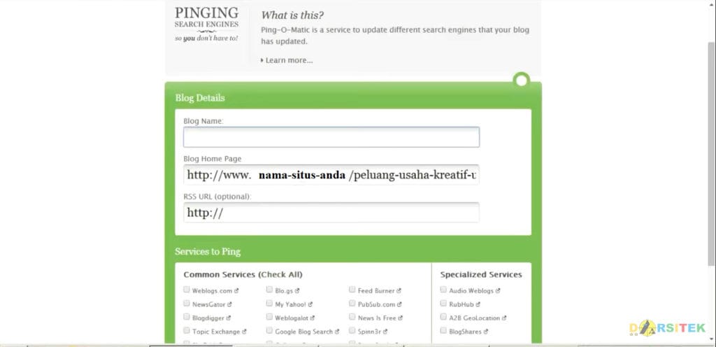 tampilan awal situs pingomatic