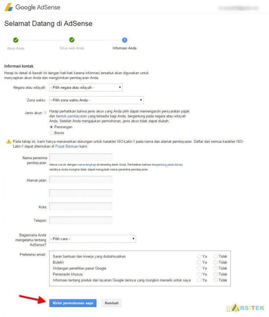 konfirmasi permohonan di adsense