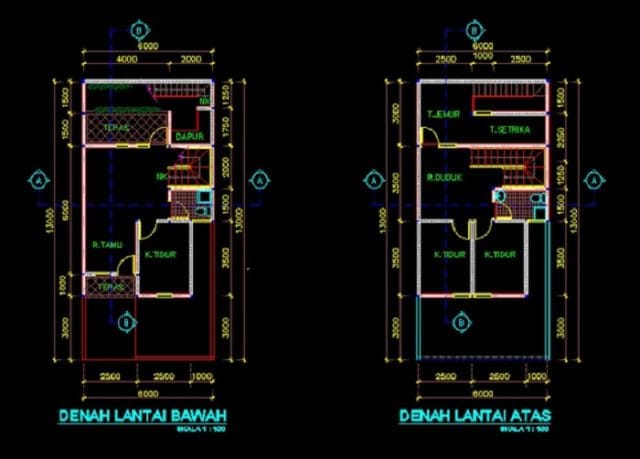 gambar rumah tinggal 6x7m file dwg