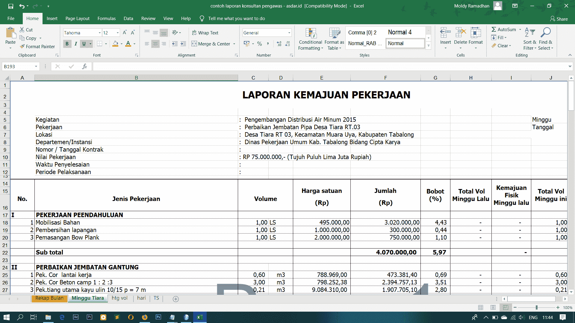 Contoh Laporan Konsultan Pengawas Laporan Bulanan Mingguan Harian Dan Jadwal Pelaksanaan Format Excel Asdar Id