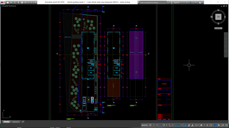 denah gudang lantai 1 - 2 dan denah atap luas bangunan 485m2