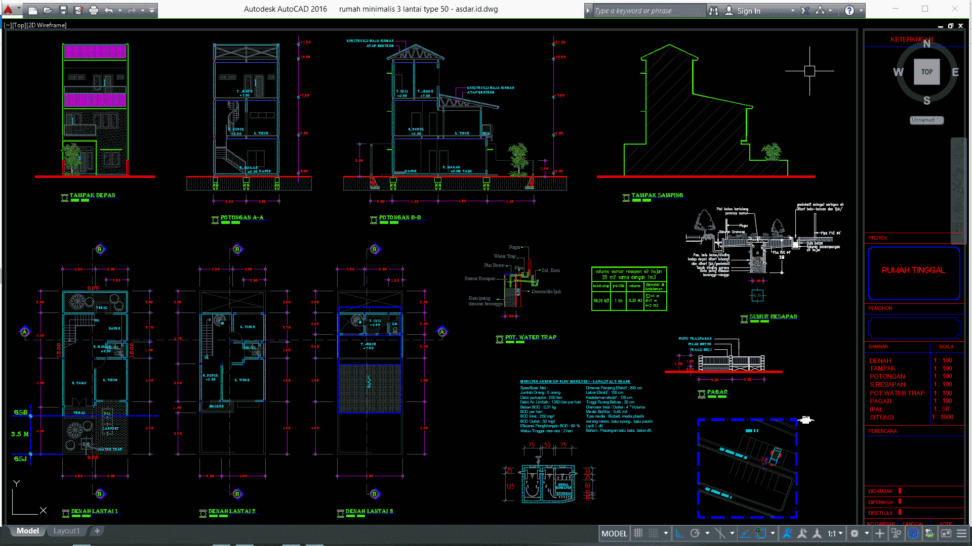Download Desain Rumah  Minimalis  3 lantai  Type 50 DWG  