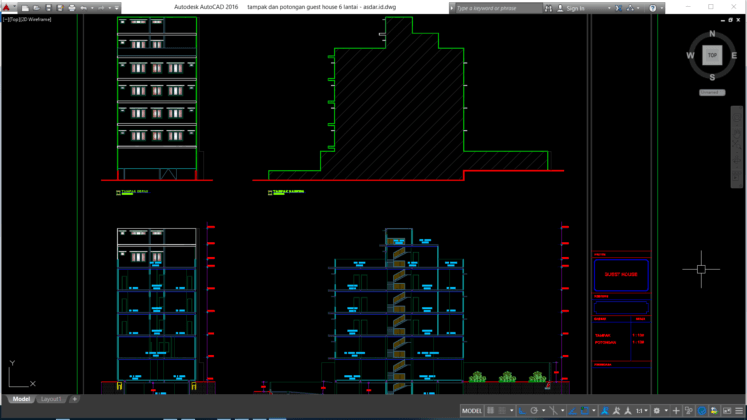 tampak dan potongan guest house 6 lantai