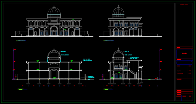 tampak dan potongan masjid 2 lantai