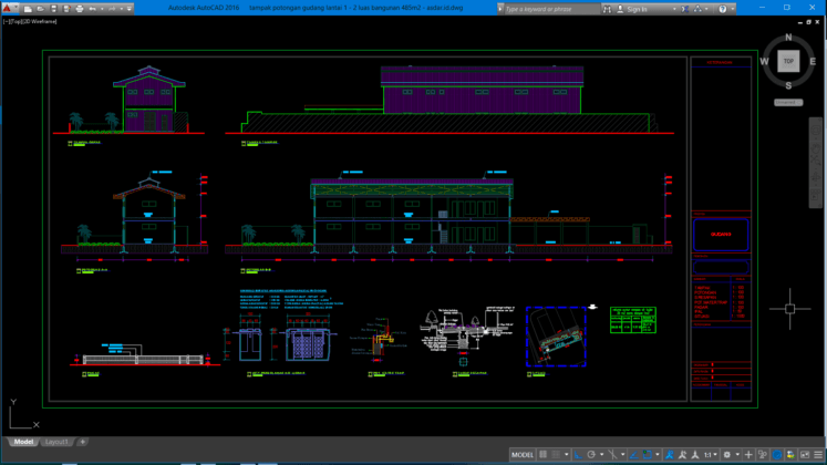 tampak potongan gudang lantai 1 - 2 luas bangunan 485m2