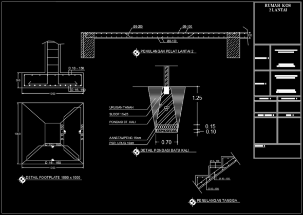 detail pondasi batu kali, footplate, penulangan pelat dan tangga rumah kost