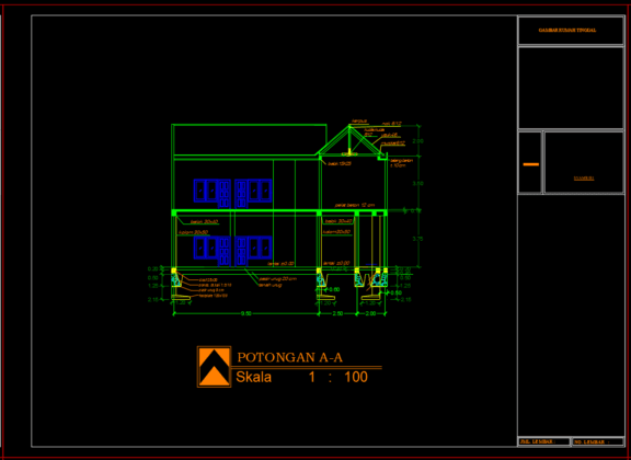 potongan a-a rumah 2 lantai type 2