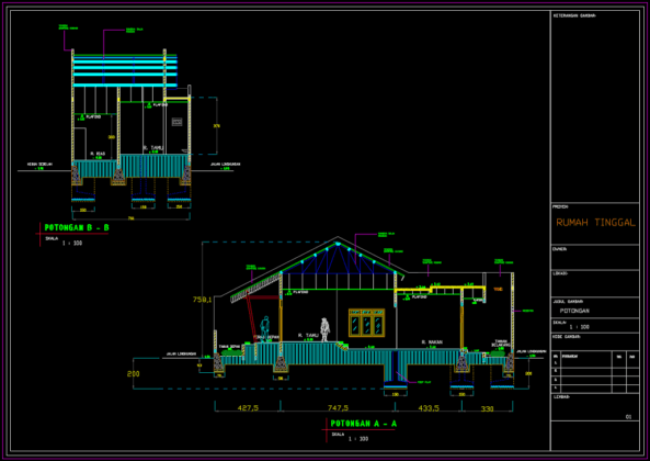 potongan arsitektural rumah 2 lantai