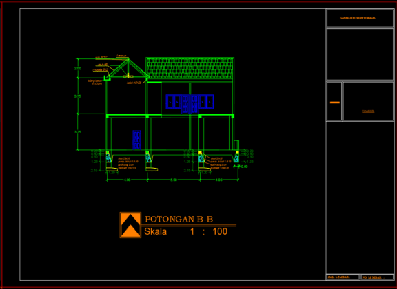 potongan b-b rumah 2 lantai type 2