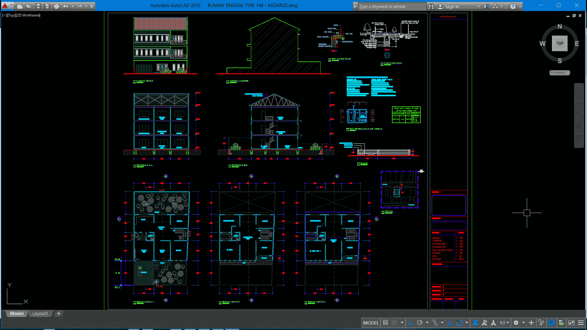 Download Desain Rumah Tinggal 3 Lantai Type 148 DWG AutoCAD Asdar Id