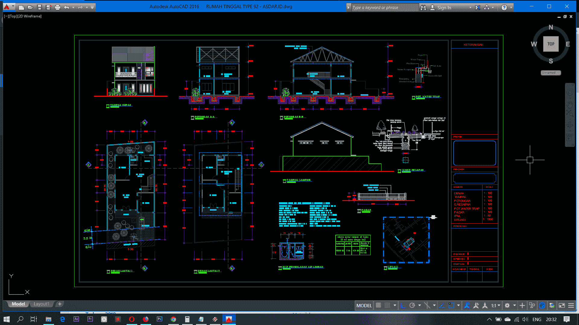  Download  Desain  Rumah  Tinggal 2  Lantai  Type 92 DWG AutoCAD  