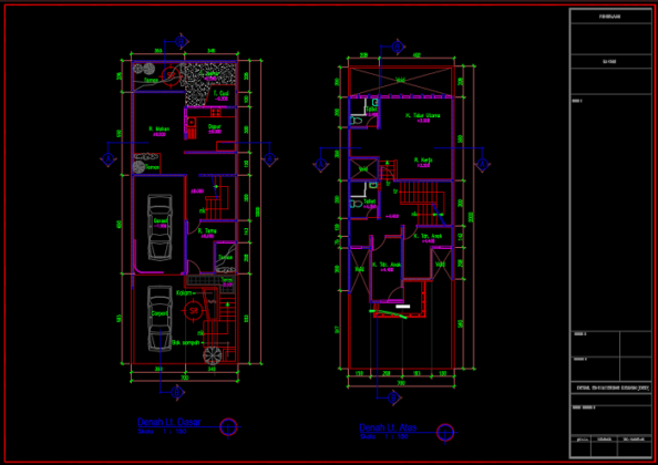 denah lt dasar dan lt atas rumah 3 lantai 7x20 meter