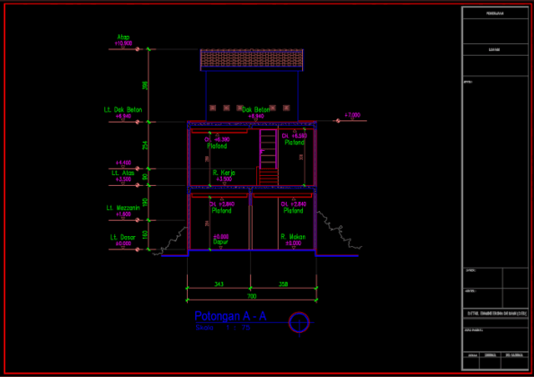 potongan a-a rumah 3 lantai ukuran 7x20 meter