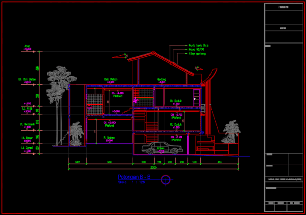 potongan b-b rumah 3 lantai ukuran 7x20 meter