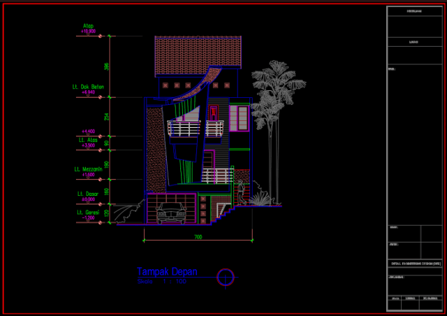 tampak depan rumah 3 lantai ukuran 7x20 meter