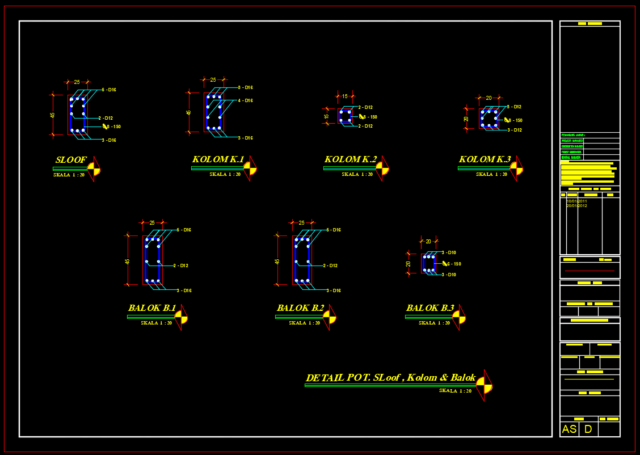 detail potongan sloof, kolom & balok