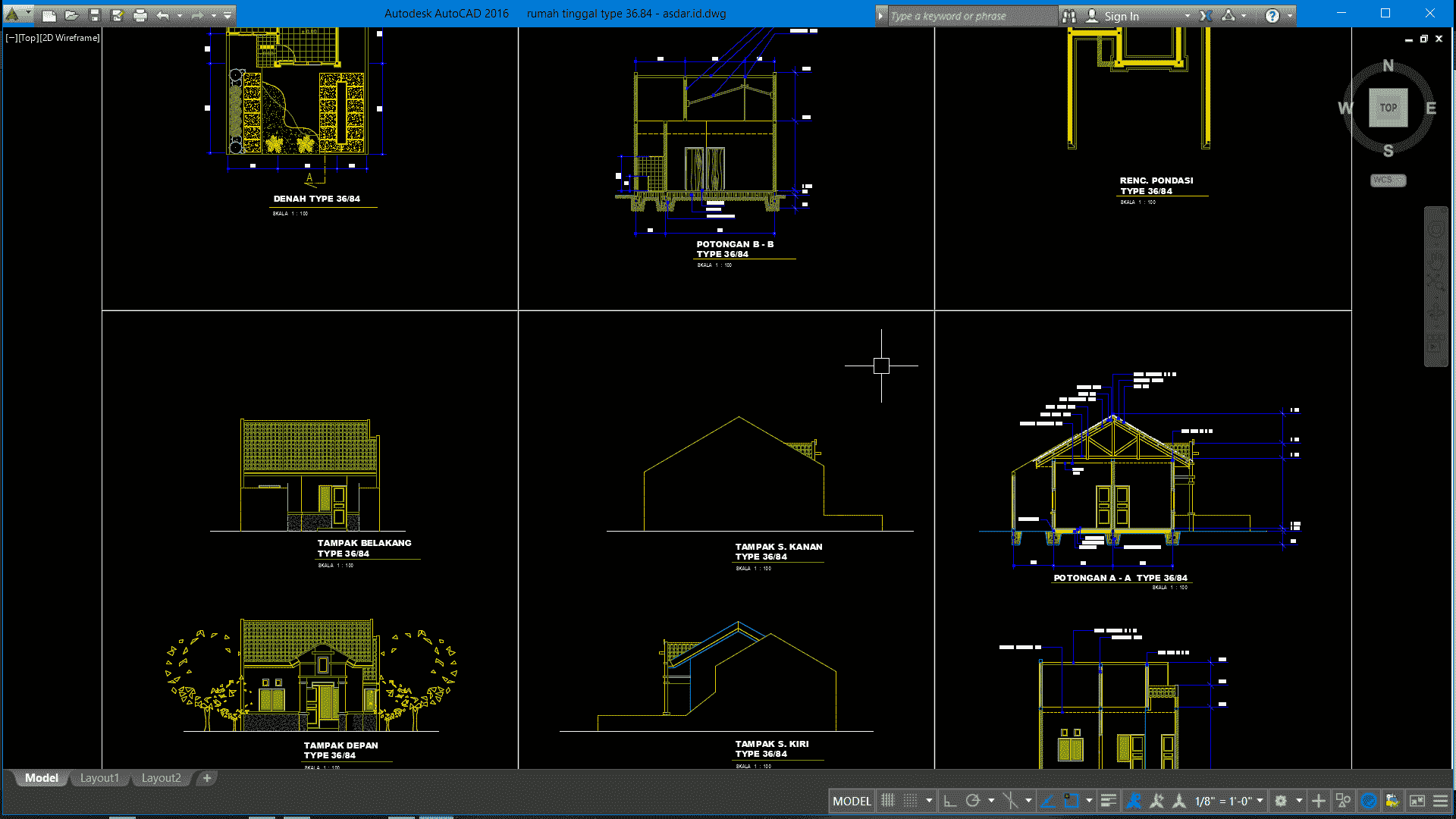 Download Rumah Tinggal Type 36/84 Format DWG (File AutoCAD) - Asdar Id - Denah Rumah Type 36 Lengkap Dengan Potongan