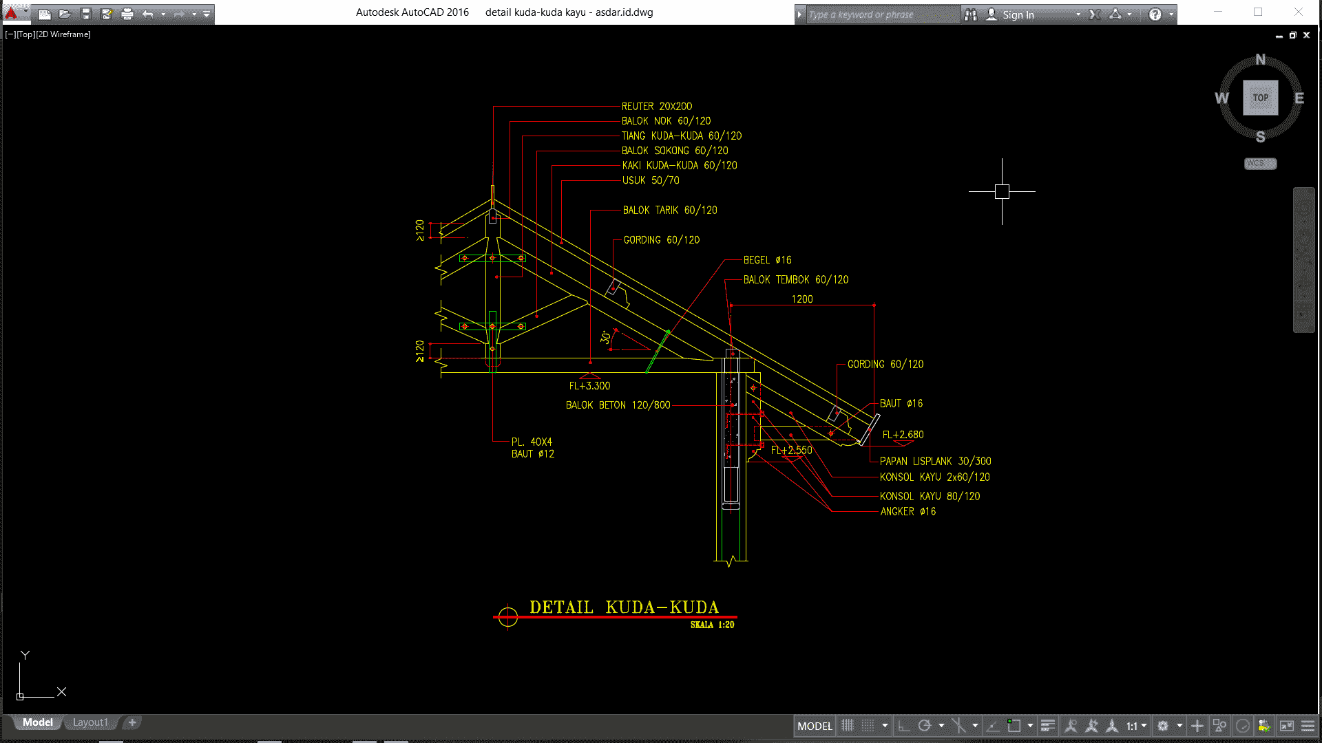 Download Gambar Detail Kuda Kuda Kayu  Format DWG AutoCAD 