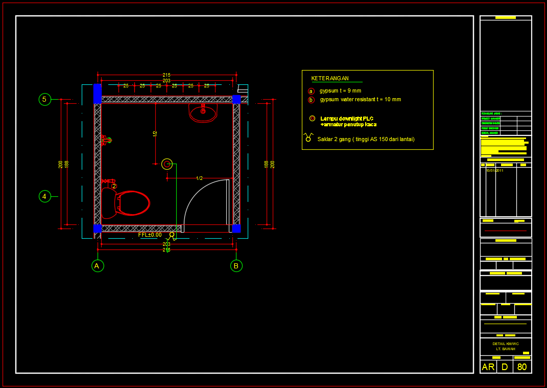 Download Denah Instalasi Listrik Kamar Mandi 2m x 2m DWG 