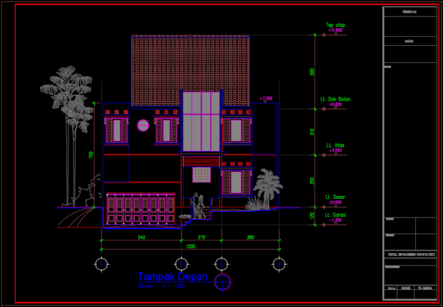 tampak depan rumah 3 lantai ukuran 12x25,8 meter