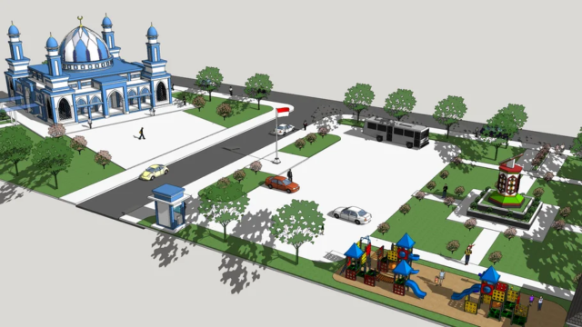 masjid dan taman sketchup