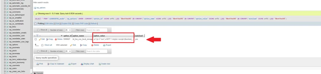 wp options showing row
