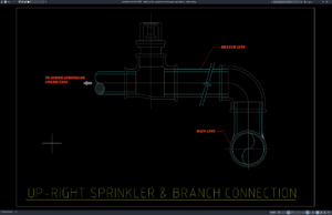 detail sprinkler upright dan sambungan pipa cabang
