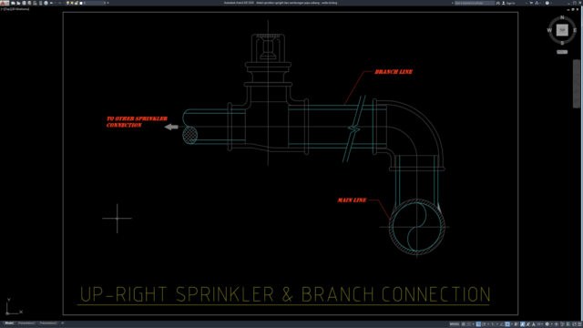 detail sprinkler upright dan sambungan pipa cabang