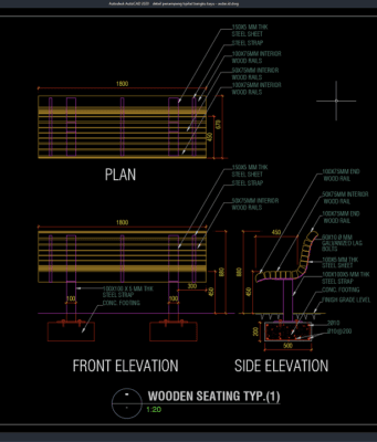 detail penampang tipikal bangku kayu