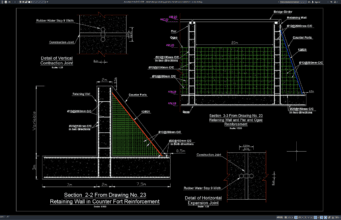 Download Gambar Detail Tulangan Dinding Penahan Tanah Tipe Counterfort DWG AutoCAD detail tulangan dinding penahan tanah tipe counterfort