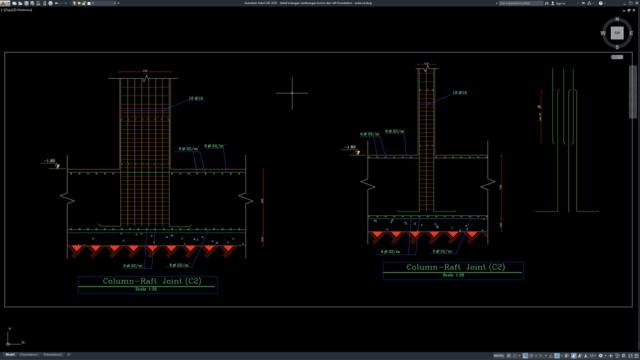 detail tulangan sambungan kolom dan raft foundation