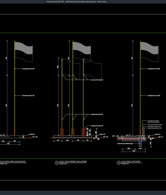 Download Detail Elevasi dan Potongan Tiang Bendera DWG AutoCAD detail elevasi dan potongan tiang bendera