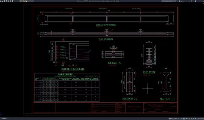 detail girder psc dan profil kabel prategang jembatan
