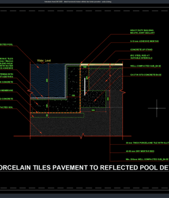 detail konstruksi kolam refleksi dan lantai porselen