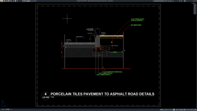 detail konstruksi lantai porselen dan jalan aspal