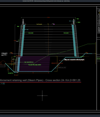 Download Detail Penampang Tulangan Dinding Penahan Tanah untuk Pipa Uap DWG AutoCAD detail penampang tulangan dinding penahan tanah untuk pipa uap
