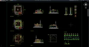 mosque minaret elevation and section details