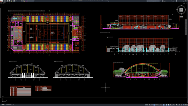 basketball stadium plan, elevation and section details