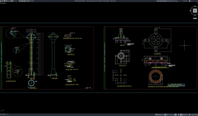 water tower elevation and foundation structure details