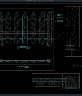 Download Wooden Fence Elevation and Section Details DWG AutoCAD wooden fence elevation and section details