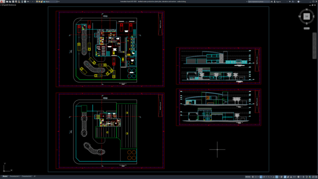 bottled water production plant plan, elevation and section