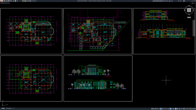 conference hall plan, elevation and section conference hall plan, elevation and section