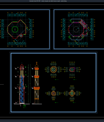 Download Denah, Tampak, dan Detail Menara Masjid DWG AutoCAD denah, tampak, dan detail menara masjid