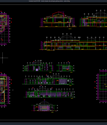 Download Denah, Tampak, dan Potongan Gedung Seminar DWG AutoCAD denah, tampak, dan potongan gedung seminar