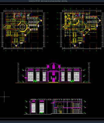 Download Denah, Tampak, dan Potongan Perpustakaan DWG AutoCAD denah, tampak, dan potongan perpustakaan