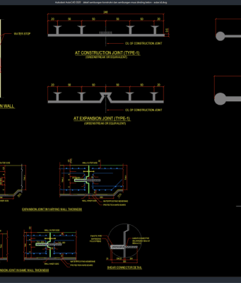 Download Detail Sambungan Konstruksi dan Sambungan Muai Dinding Beton DWG AutoCAD detail sambungan konstruksi dan sambungan muai dinding beton