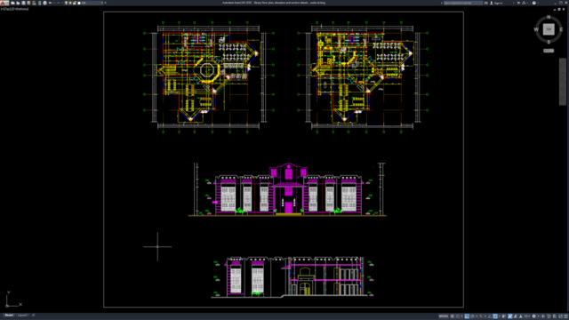 library floor plan, elevation and section details library floor plan, elevation and section details